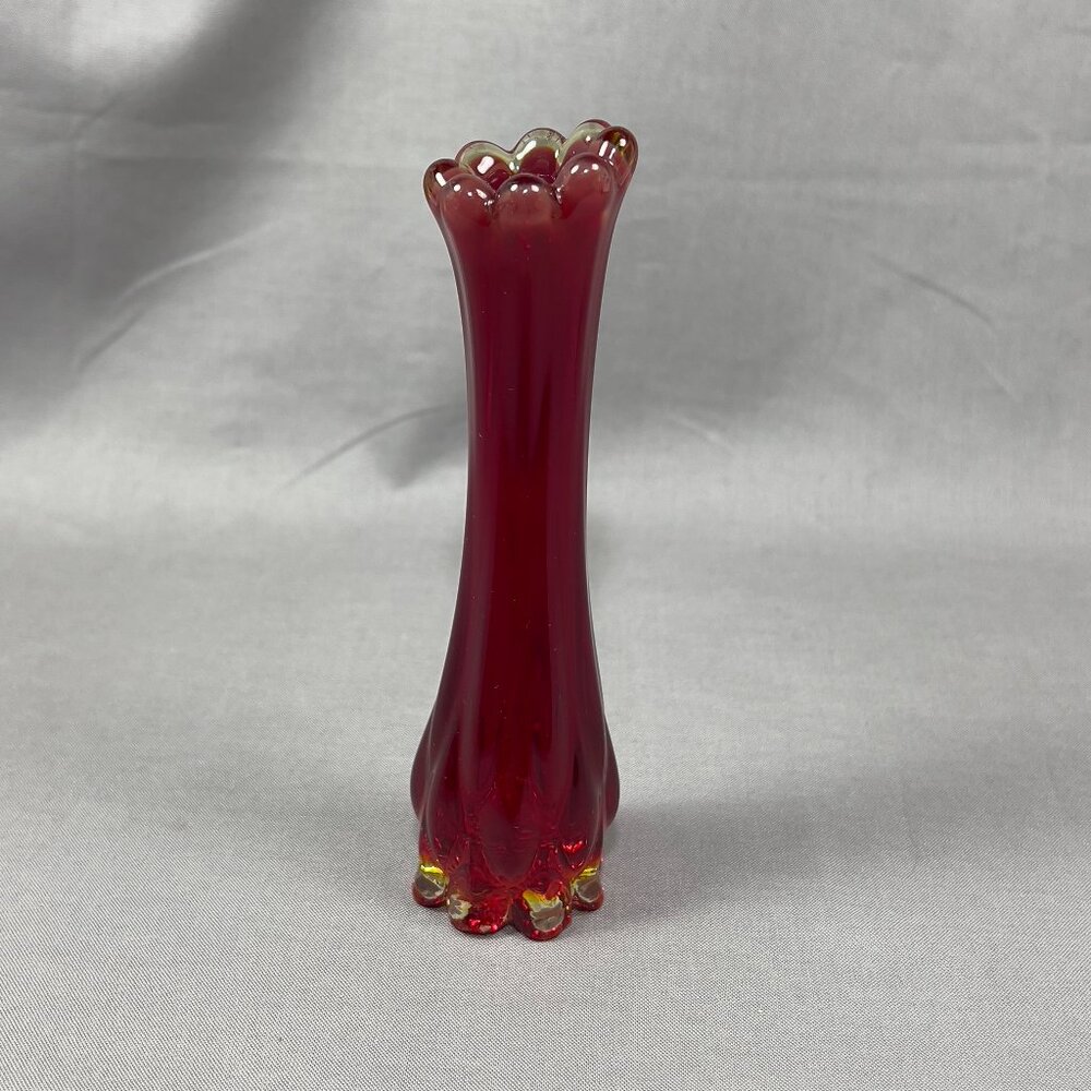 Vtg Fostoria 1229 Ruby Red Heirloom Art Clear Glass Bud 6" Vase 60s Glows - Picture 7 of 16